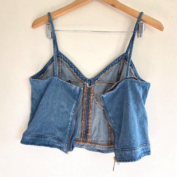 Express Denim Crop Corset Top Sweetheart Neckline Zipper Back Spaghetti Straps - Picture 10 of 11